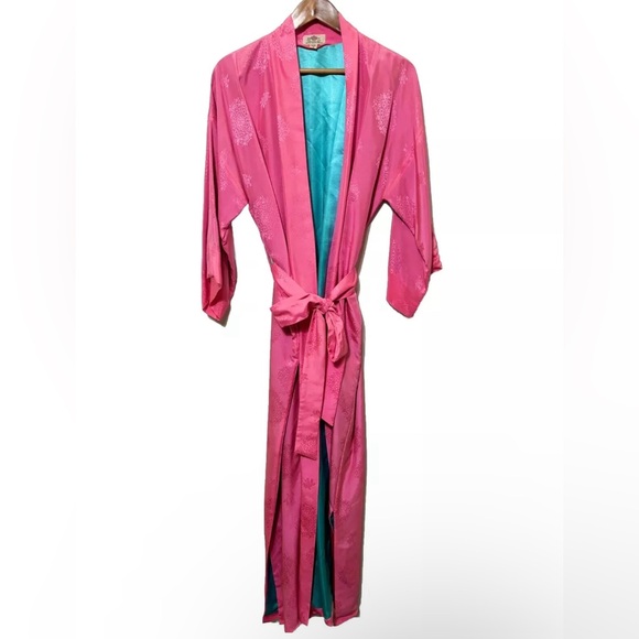 Vintage 50s Dynasty Hong Kong Pure Silk Pink Turquoise Dressing Gown Robe Size S